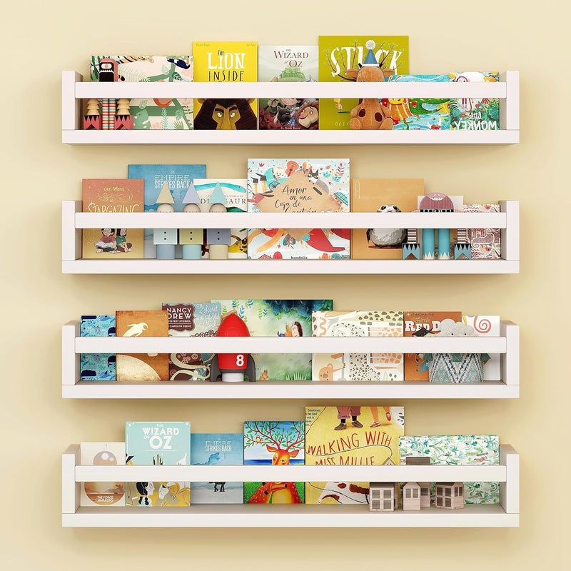 Onlysky Set of 4 Wall-Mounted Kid's Bookshelf - White Floating Nursery Book Shelves - Durable Wood Construction - Ideal for Nursery Decor, Kids Room, Toy Storage - Image 1